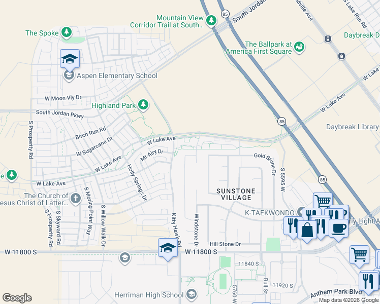 map of restaurants, bars, coffee shops, grocery stores, and more near 5908 Winterstone Lane in South Jordan