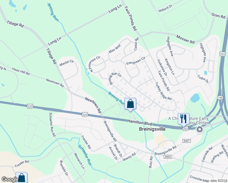 map of restaurants, bars, coffee shops, grocery stores, and more near 8925 Breinig Run Circle in Breinigsville