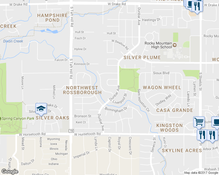 map of restaurants, bars, coffee shops, grocery stores, and more near 1757 Bedford Circle in Fort Collins