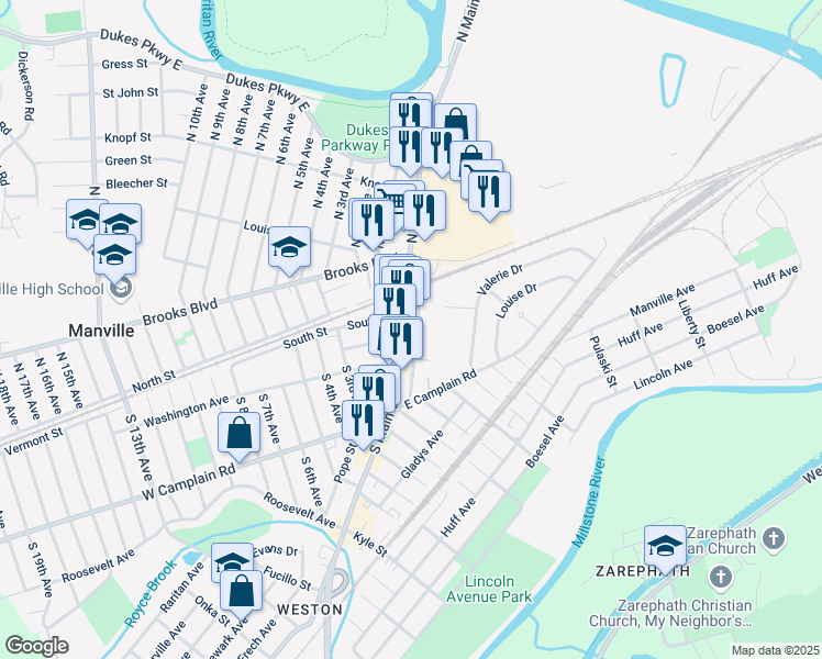 map of restaurants, bars, coffee shops, grocery stores, and more near 39-41 North Main Street in Manville