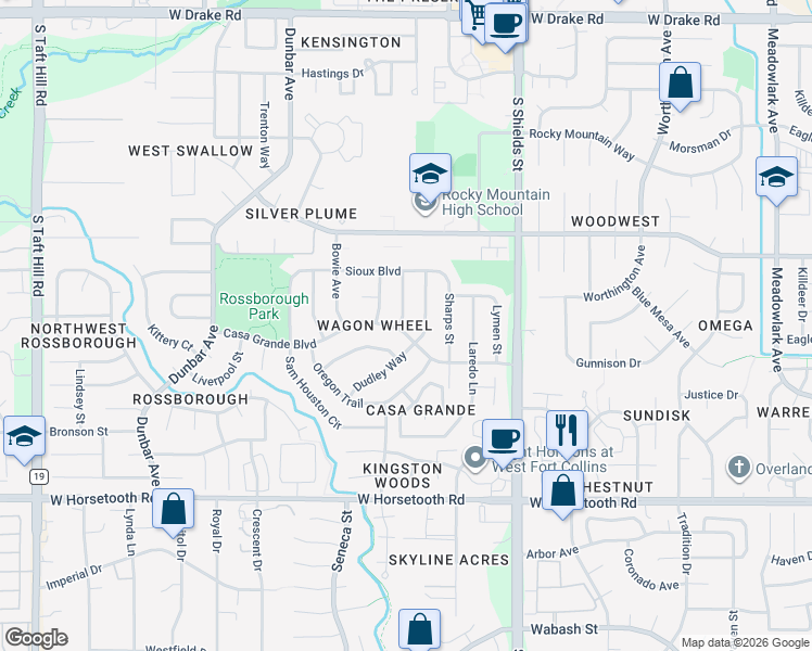 map of restaurants, bars, coffee shops, grocery stores, and more near 1312 Casa Grande Boulevard in Fort Collins