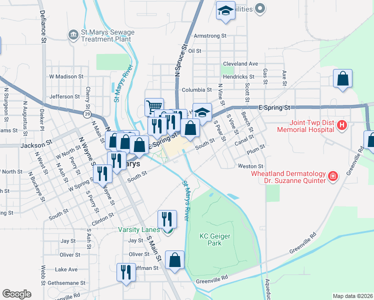 map of restaurants, bars, coffee shops, grocery stores, and more near 308 East South Street in Saint Marys