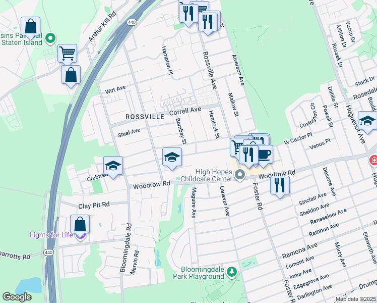 map of restaurants, bars, coffee shops, grocery stores, and more near 173 Mcbaine Avenue in Staten Island