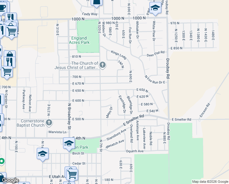 map of restaurants, bars, coffee shops, grocery stores, and more near 672 Eastridge Drive in Tooele