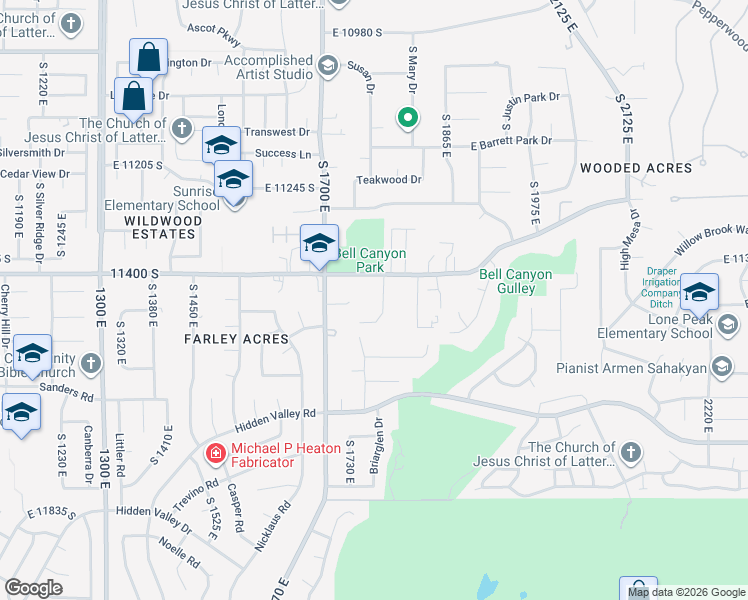 map of restaurants, bars, coffee shops, grocery stores, and more near 11444 South 1730 East in Sandy