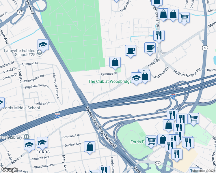 map of restaurants, bars, coffee shops, grocery stores, and more near 17 Kilfoyle Avenue in Woodbridge Township