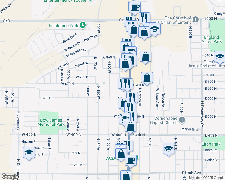 map of restaurants, bars, coffee shops, grocery stores, and more near 630 North 100 West in Tooele
