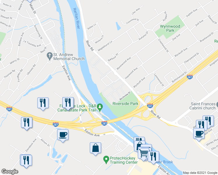 map of restaurants, bars, coffee shops, grocery stores, and more near 81 Birchview Drive in Piscataway
