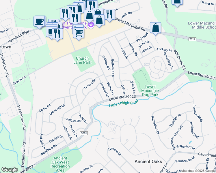 map of restaurants, bars, coffee shops, grocery stores, and more near 1502 Walnut Lane in Macungie