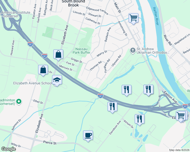 map of restaurants, bars, coffee shops, grocery stores, and more near 14 Darwin Road in Franklin Township
