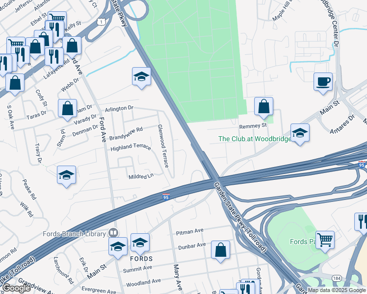 map of restaurants, bars, coffee shops, grocery stores, and more near 11 Heidi Drive in Woodbridge Township