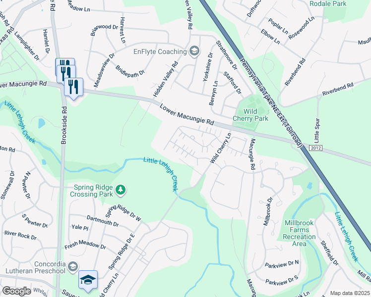 map of restaurants, bars, coffee shops, grocery stores, and more near 4861 Derby Lane in Macungie