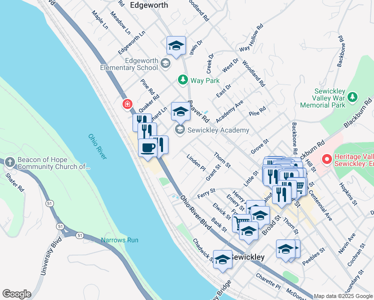 map of restaurants, bars, coffee shops, grocery stores, and more near 7 Linden Place in Sewickley