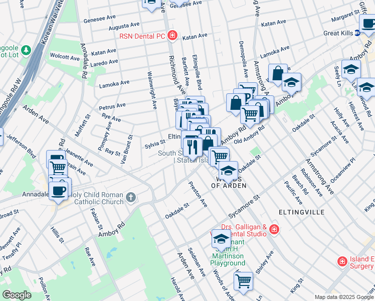 map of restaurants, bars, coffee shops, grocery stores, and more near 479 Mosely Avenue in Staten Island