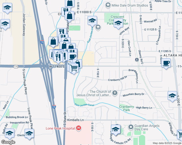 map of restaurants, bars, coffee shops, grocery stores, and more near 11448 Raspberry Court East in Draper