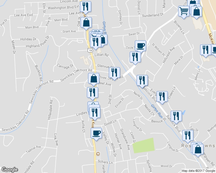 map of restaurants, bars, coffee shops, grocery stores, and more near 114 1/2 Reel Avenue in Pittsburgh