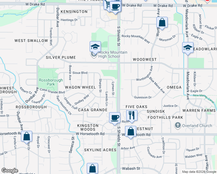 map of restaurants, bars, coffee shops, grocery stores, and more near 3124 Laredo Lane in Fort Collins
