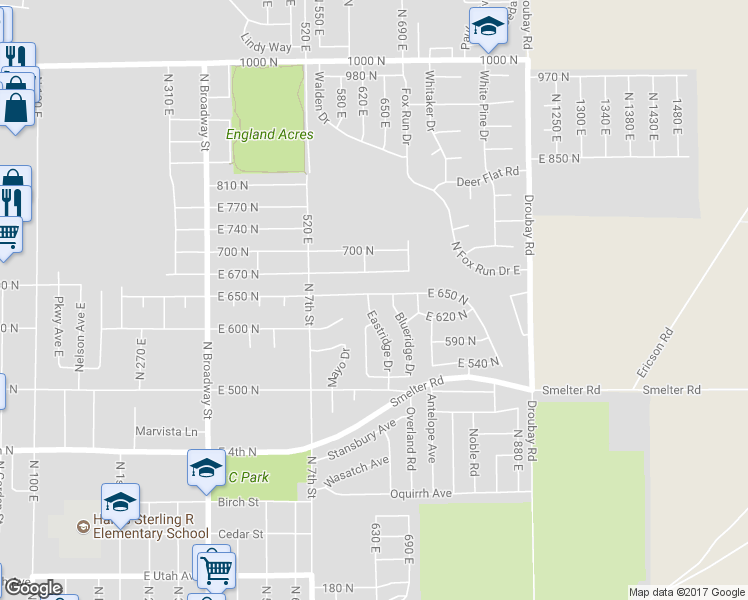 map of restaurants, bars, coffee shops, grocery stores, and more near 672 Eastridge Drive in Tooele
