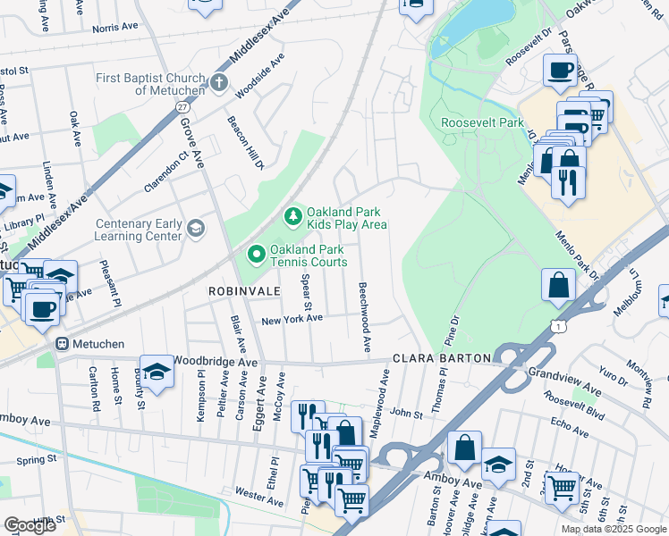 map of restaurants, bars, coffee shops, grocery stores, and more near 91 Delaware Avenue in Metuchen