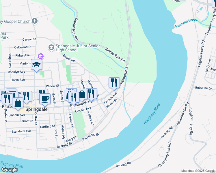 map of restaurants, bars, coffee shops, grocery stores, and more near 1121 Walnut Street in Springdale