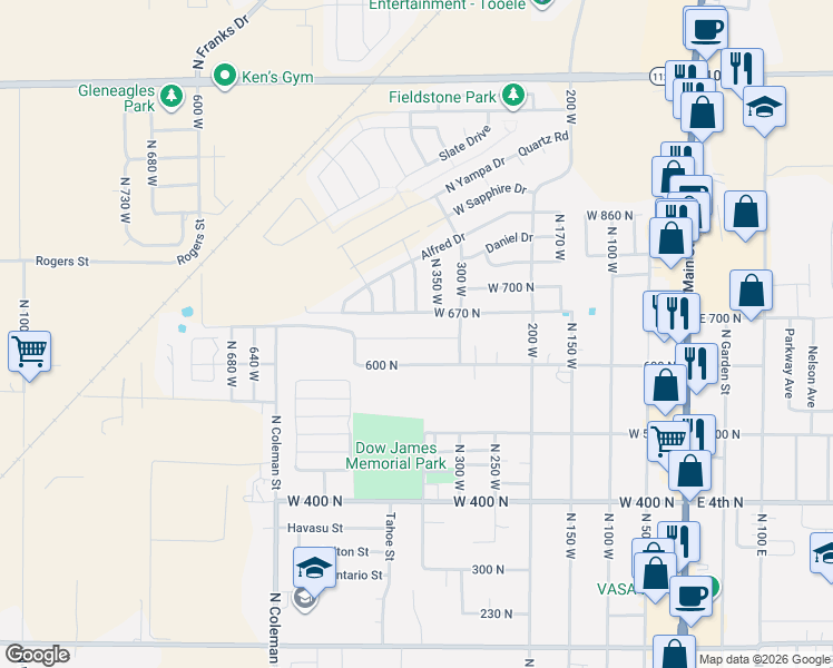 map of restaurants, bars, coffee shops, grocery stores, and more near 384 West 630 North Street in Tooele