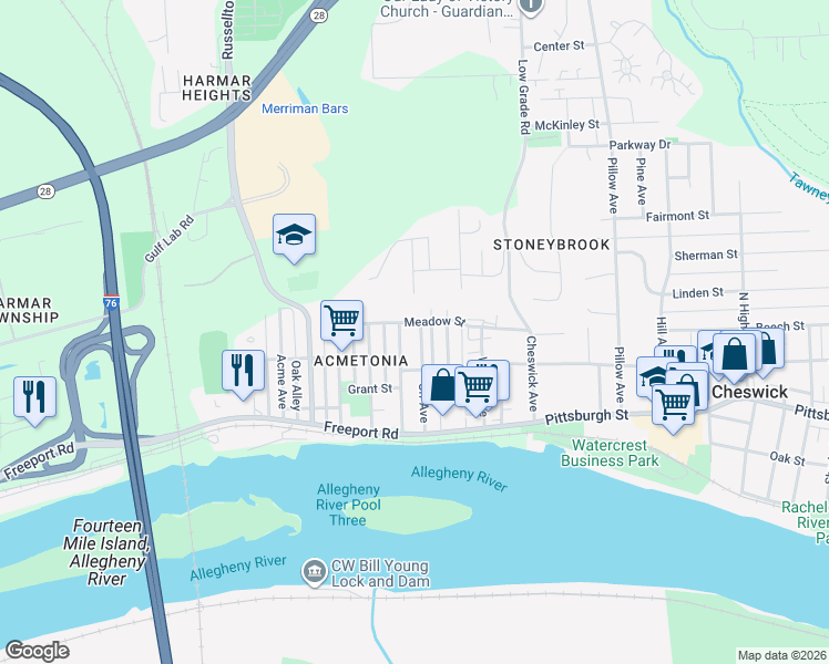 map of restaurants, bars, coffee shops, grocery stores, and more near 219 Orr Avenue in Cheswick
