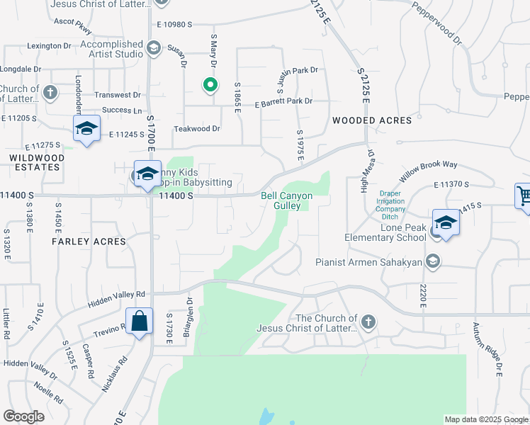 map of restaurants, bars, coffee shops, grocery stores, and more near 11447 South 1910 East in Sandy