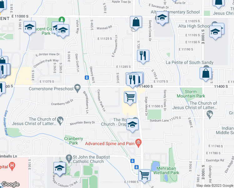 map of restaurants, bars, coffee shops, grocery stores, and more near 11446 Camden Rd in Draper