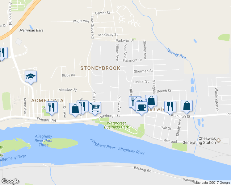 map of restaurants, bars, coffee shops, grocery stores, and more near 213 Pillow Avenue in Cheswick