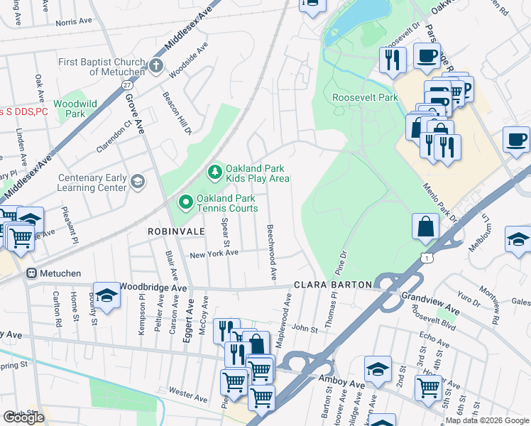 map of restaurants, bars, coffee shops, grocery stores, and more near 71 Beechwood Avenue in Metuchen
