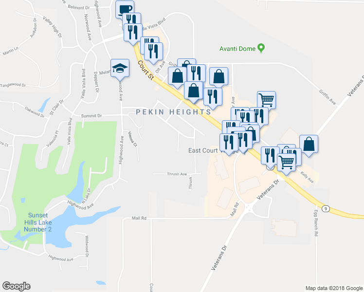 map of restaurants, bars, coffee shops, grocery stores, and more near 212 Hillside Court in Pekin