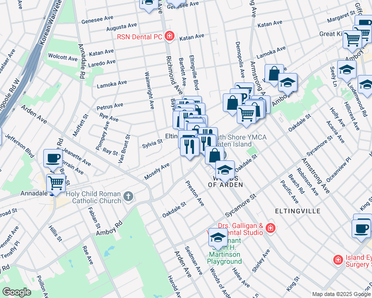 map of restaurants, bars, coffee shops, grocery stores, and more near 485 Mosely Avenue in Staten Island