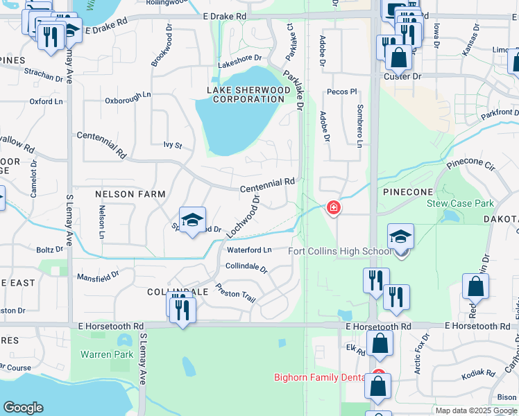 map of restaurants, bars, coffee shops, grocery stores, and more near 1701 Norwood Lane in Fort Collins