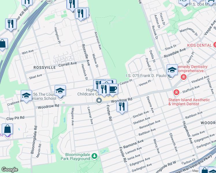 map of restaurants, bars, coffee shops, grocery stores, and more near 655 Rossville Avenue in Staten Island