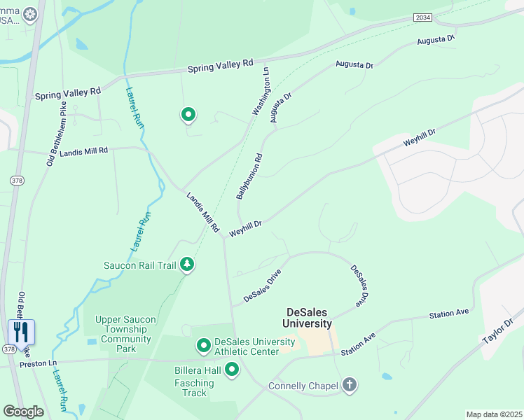 map of restaurants, bars, coffee shops, grocery stores, and more near 2587 Weyhill Drive in Center Valley