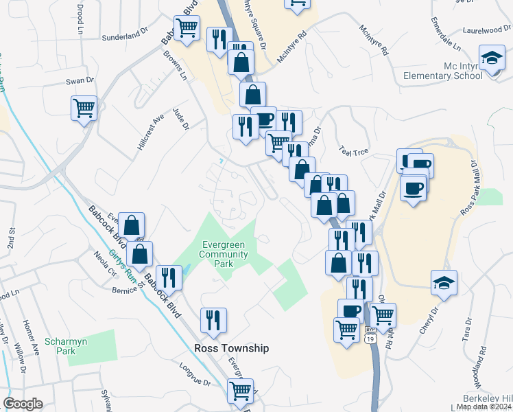map of restaurants, bars, coffee shops, grocery stores, and more near 331 Elm Court in Pittsburgh