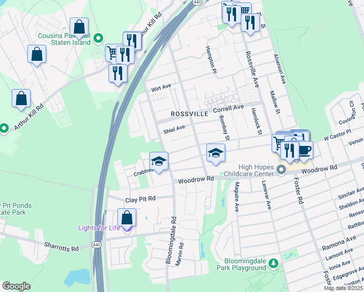 map of restaurants, bars, coffee shops, grocery stores, and more near 305 Mason Boulevard in Staten Island