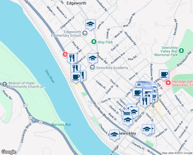 map of restaurants, bars, coffee shops, grocery stores, and more near 7 Linden Place in Sewickley