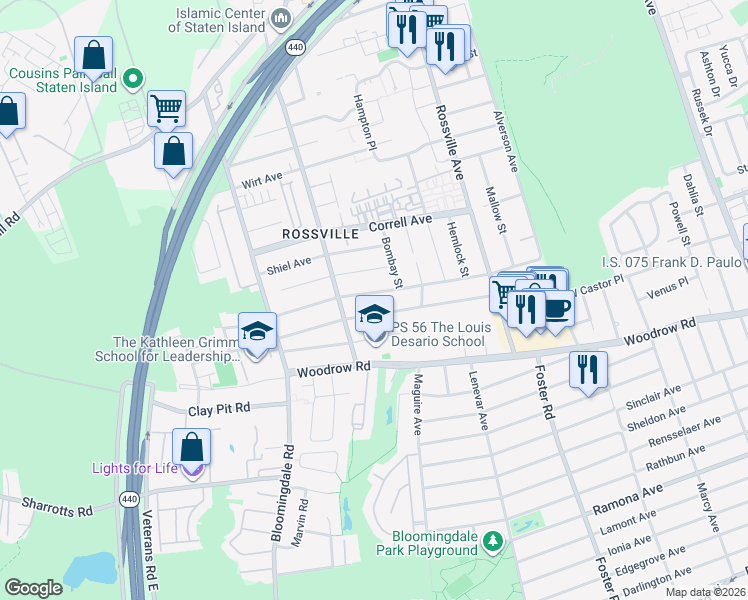 map of restaurants, bars, coffee shops, grocery stores, and more near 216 Mason Blvd in Staten Island