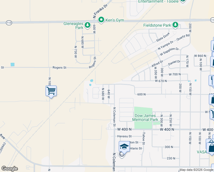 map of restaurants, bars, coffee shops, grocery stores, and more near 1105 640 West in Tooele