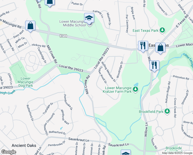 map of restaurants, bars, coffee shops, grocery stores, and more near 1989 Rolling Meadow Drive in Macungie