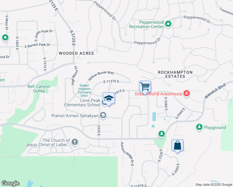 map of restaurants, bars, coffee shops, grocery stores, and more near 2294 East 11415 South in Sandy