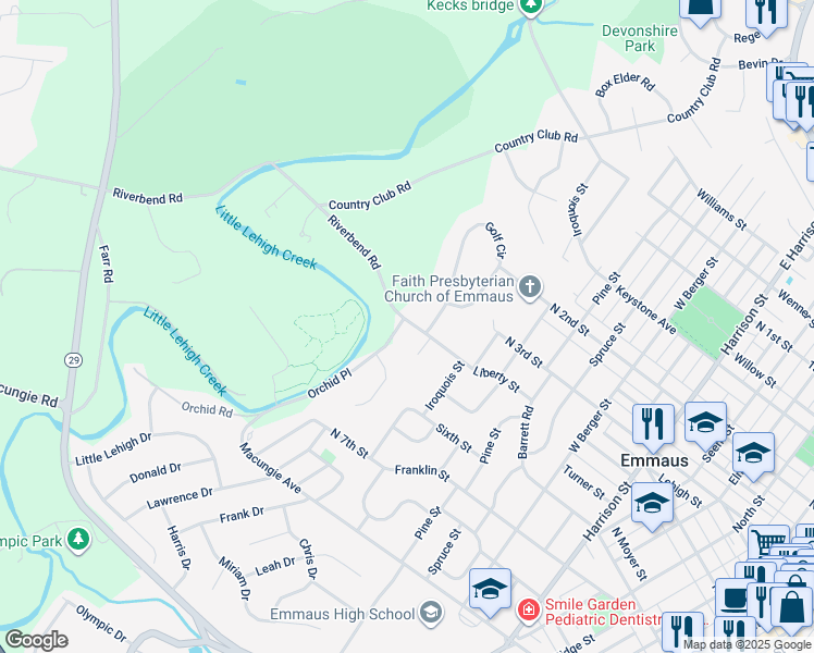 map of restaurants, bars, coffee shops, grocery stores, and more near 2780 Riverbend Road in Allentown