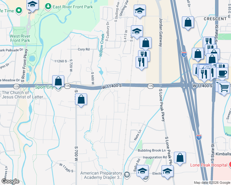map of restaurants, bars, coffee shops, grocery stores, and more near 11437 Engelmann Drive in Draper
