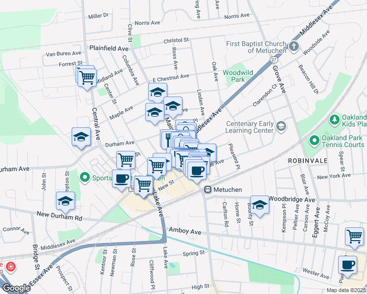 map of restaurants, bars, coffee shops, grocery stores, and more near in Metuchen