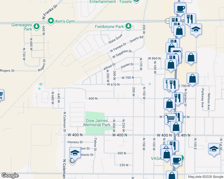 map of restaurants, bars, coffee shops, grocery stores, and more near 324 West 630 North Street in Tooele