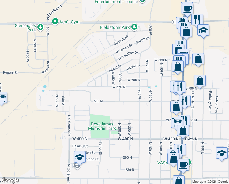 map of restaurants, bars, coffee shops, grocery stores, and more near 344 West 630 North Street in Tooele