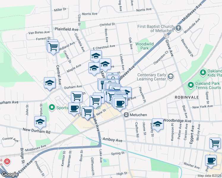 map of restaurants, bars, coffee shops, grocery stores, and more near 476 Main Street in Metuchen
