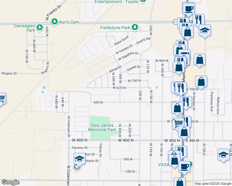 map of restaurants, bars, coffee shops, grocery stores, and more near 334 West 630 North Street in Tooele