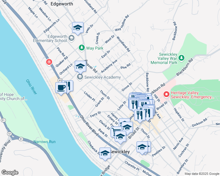 map of restaurants, bars, coffee shops, grocery stores, and more near 66 Beaver Street in Sewickley